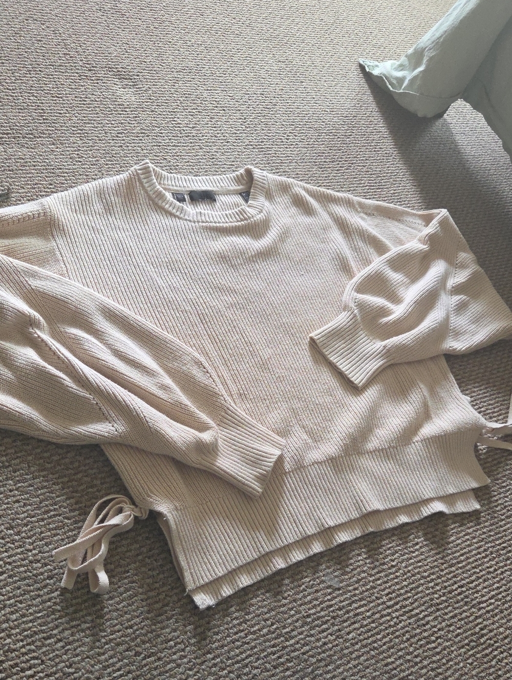 Esprit Cream Ribbed Crewneck Sweater with Side Ties